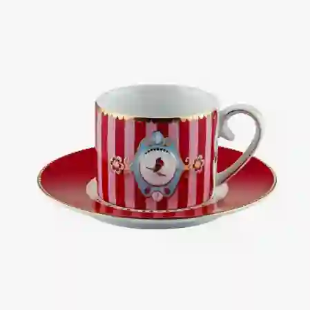 Resim Pip Studio Love Birds Kırmızı/Pembe Çizgili Kuşlu Kahve Fincanı 125ml