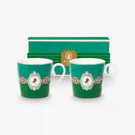 Resim Love Birds Yeşil Renkli Madalyon Desenli İkili Mug Seti 250 ml