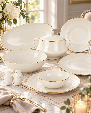 Resim Roy King Gold Thin 12 Kişilik 55 Parça Bone China Yemek Takımı