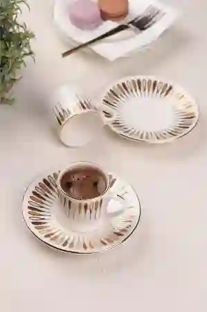 Resim Porser Pera Kahverengi Kahve Fincan Takımı 2 Kişilik 4 Parça