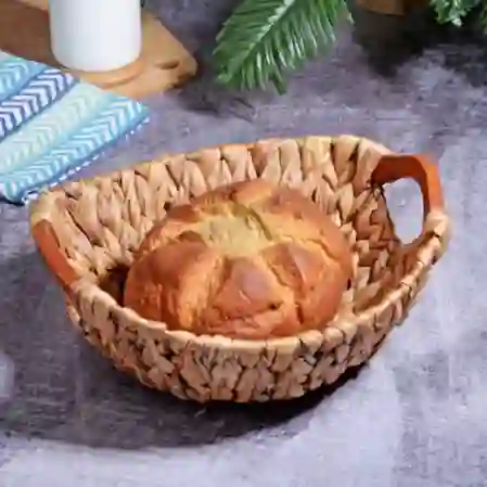 Resim Hasırlı Yuvarlak Ahşap Kulplu Sepet