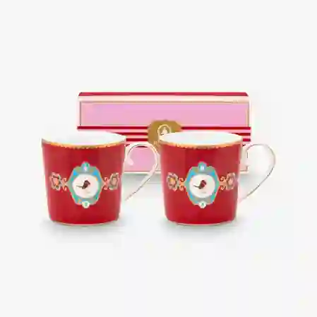Resim Love Birds Kırmızı Madalyon Desenli İkili Küçük Mug Seti 150 ml