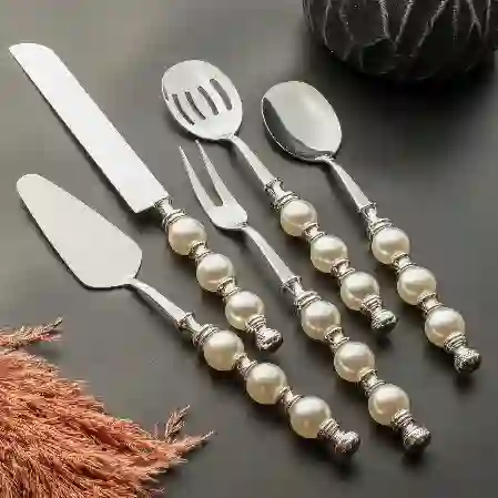 Resim Sedefli 5 Parça Servis Seti Gümüş