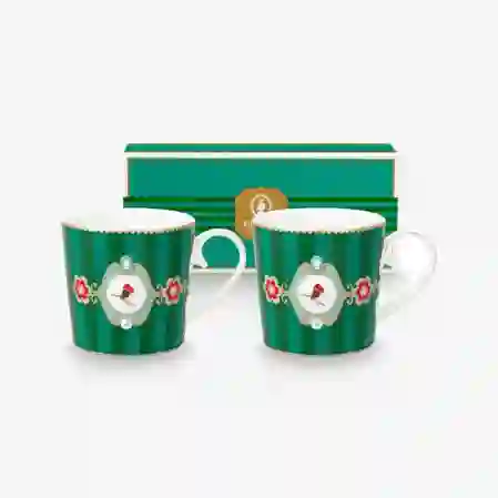 Resim Love Birds Yeşil Çizgili İkili Küçük Mug Seti 150 ml