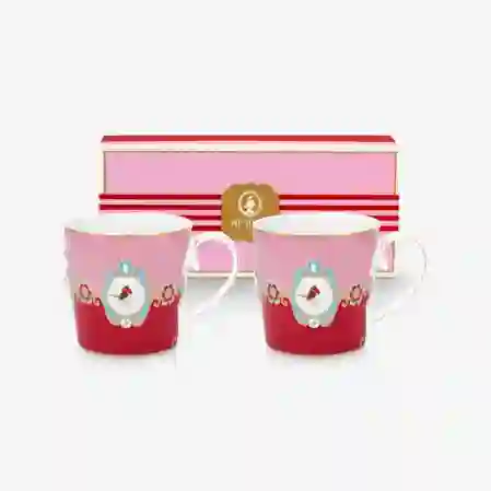 Resim Love Birds Kırmızı/Pembe Madalyon Desenli İkili Mug Seti 250 ml