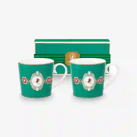 Resim Love Birds Yeşil Madalyon Desenli İkili Küçük Mug Seti 150 ml