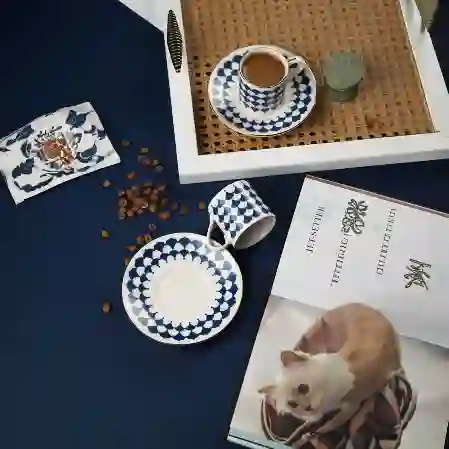 Resim Porser Peyda Koyu Mavi Kahve Fincan Takımı 2 Kişilik 4 Parça