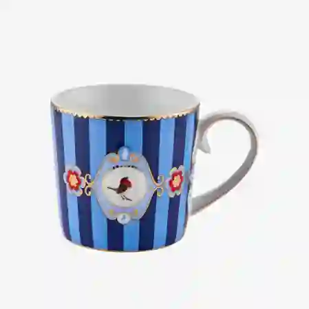 Resim Love Birds Mavi Çizgili Madalyon Desenli Mug 250 ml