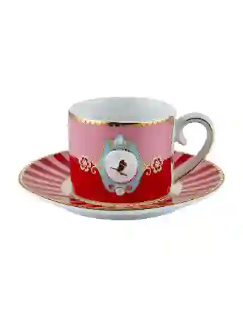 Resim Pip Studio Love Birds Kırmızı Madalyon Desenli Kuşlu Kahve Fincanı 100 ml
