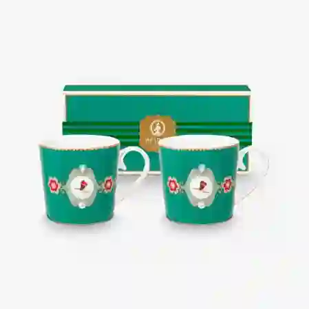 Resim Love Birds Yeşil Madalyon Desenli İkili Mug Seti 250 ml