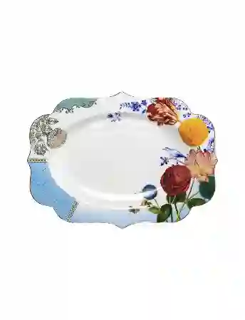 Resim Royal Beyaz  Mavi Çiçek Desenli Oval Servis Tepsisi 40 cm.