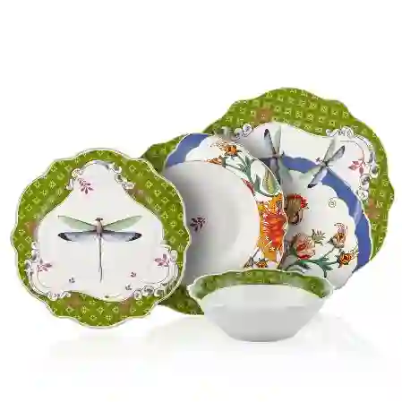 Resim ALLURE Yeşil Yusufçuk Desenli 24 Parça Porselen Yemek Takımı &Chiara Alessi&