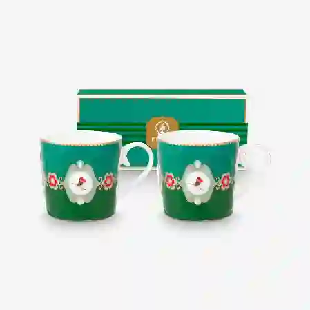 Resim Love Birds Yeşil Renkli Madalyon Desenli İkili Küçük Mug Seti 150 ml