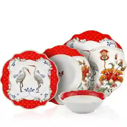 Resim Chiara Alessi Allure Kırmızı Leylek Desenli 6 Kişilik 24 Parça Yemek Takımı